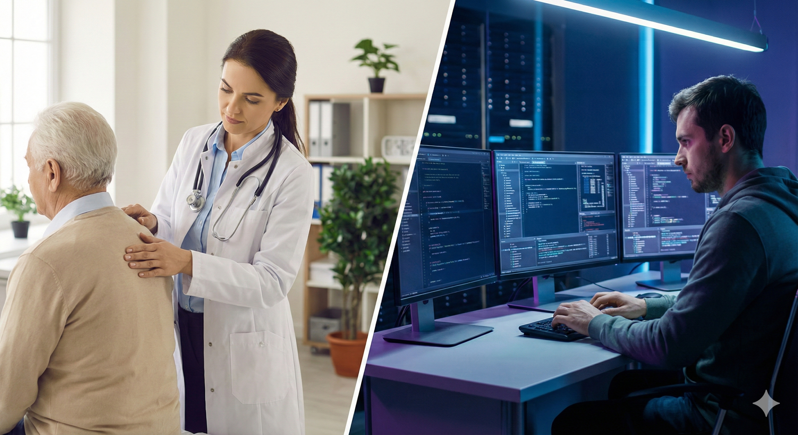 Ilustrasi perbandingan suasana kerja jurusan terfavorit SNBT 2025: dokter wanita memeriksa pasien dan programmer pria coding di depan komputer