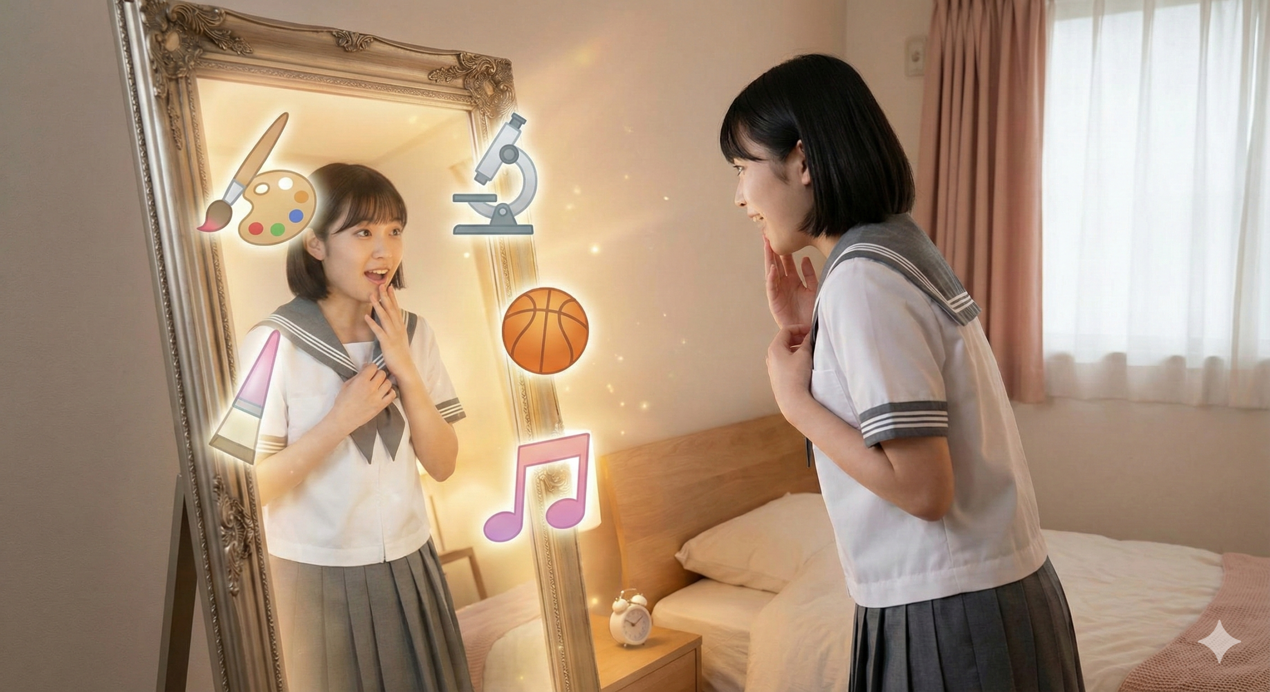 Ilustrasi siswa SMA yang sedang bercermin dengan ekspresi takjub, melihat pantulan dirinya dikelilingi ikon bakat bercahaya (seni, sains, olahraga, musik) sebagai simbol penemuan potensi diri