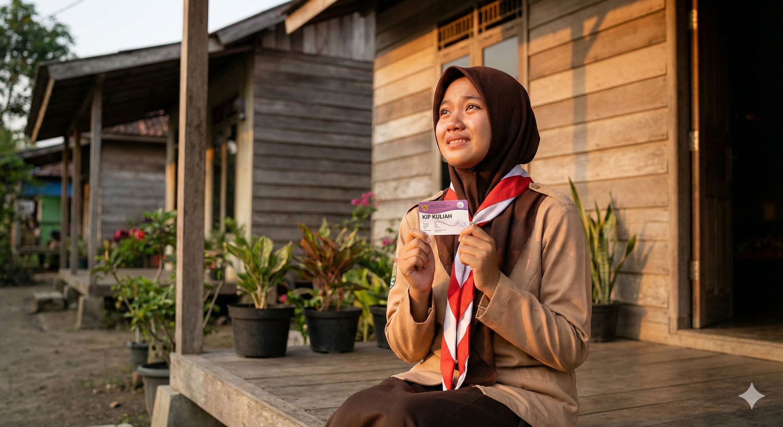 Ilustrasi siswa SMA dari keluarga kurang mampu yang bahagia mendapatkan program KIP Kuliah 2026 sebagai solusi biaya pendidikan gratis