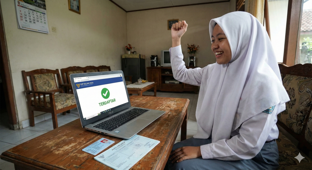Ilustrasi siswa SMA berhasil melakukan pendaftaran KIP Kuliah 2026 secara online di laptop, menampilkan layar verifikasi sukses dan dokumen persyaratan di atas meja."