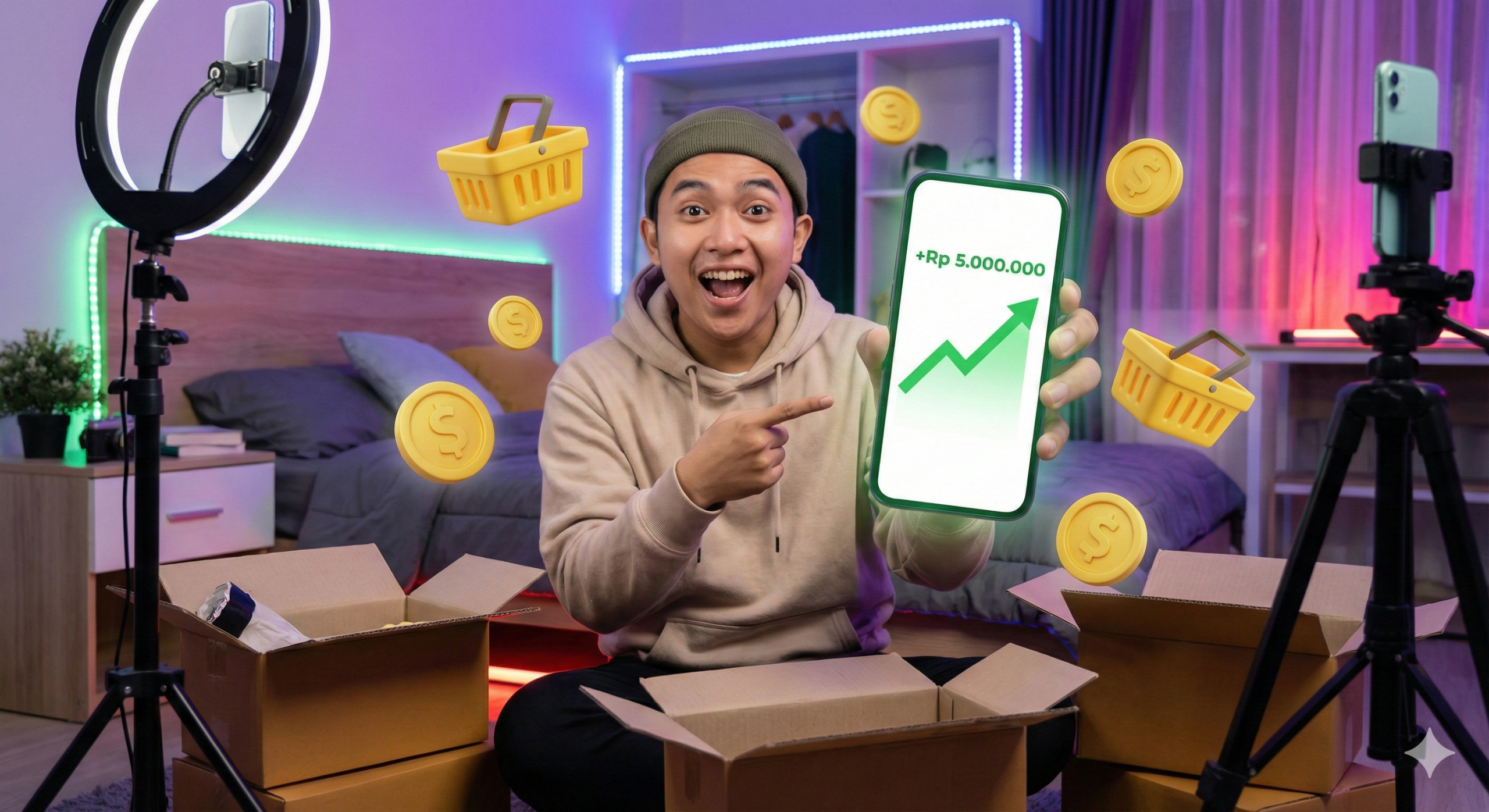 Ilustrasi remaja sukses mendapatkan penghasilan tambahan dari program TikTok Affiliate tanpa modal, lengkap dengan peralatan konten kreator sederhana
