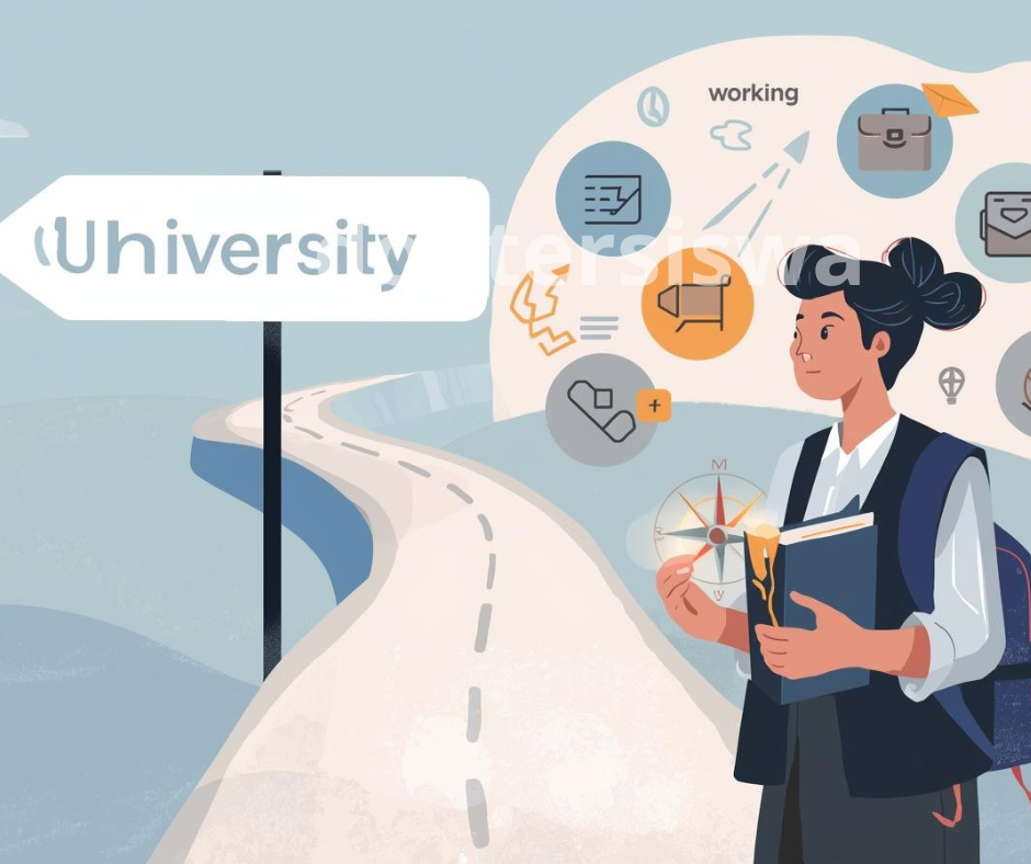 Ilustrasi siswa lulusan SMA memilih antara jalur PTN atau jalur Gap Year/Alternatif (kursus skill dan kerja), menunjukkan pentingnya rencana yang jelas