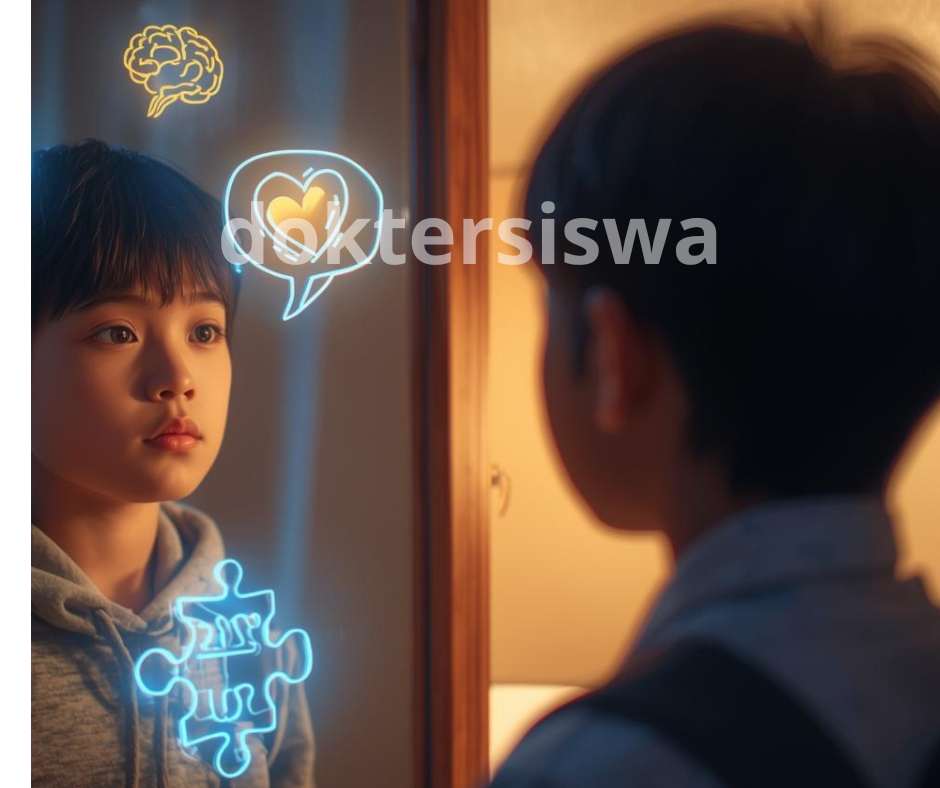 "Siswa SMA sedang bercermin melakukan refleksi diri untuk mengenali karakter dan kepribadian sebelum memilih jurusan kuliah."