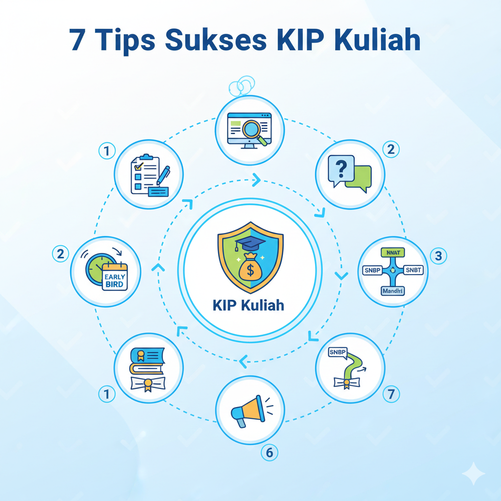 Infografis 7 tips lolos beasiswa KIP Kuliah 2025 tanpa ribet, meliputi persiapan dokumen NIK/KKS, ketelitian data, daftar lebih awal, dan strategi jalur seleksi PTN