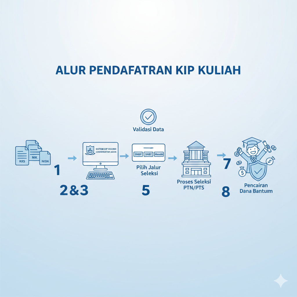 Infografis alur pendaftaran KIP Kuliah 2025 langkah demi langkah, meliputi persiapan NIK/NISN/KKS, pembuatan akun, pengisian formulir, pemilihan jalur SNBP/SNBT, hingga penetapan dan pencairan dana