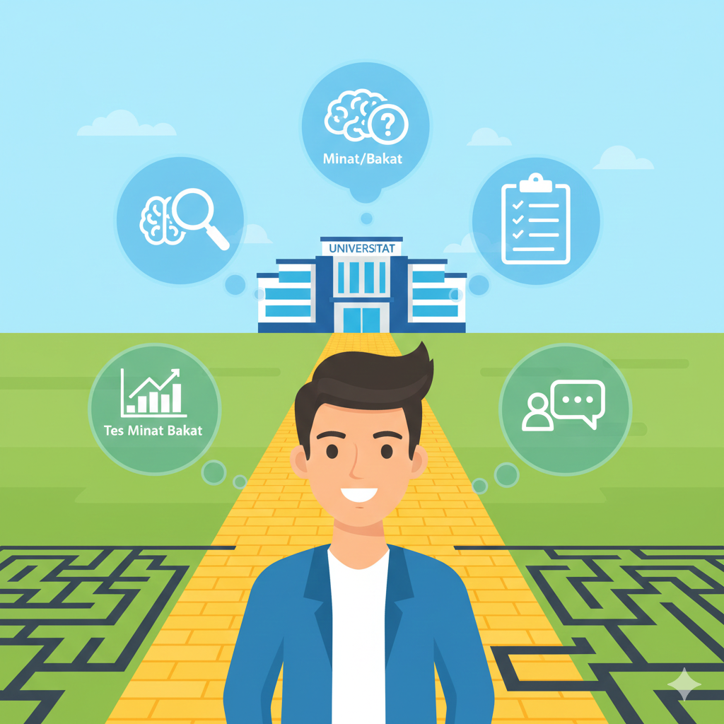 Ilustrasi siswa dengan panduan langkah-langkah menentukan jurusan kuliah yang tepat (minat, bakat, tes, riset) untuk menghindari salah pilih