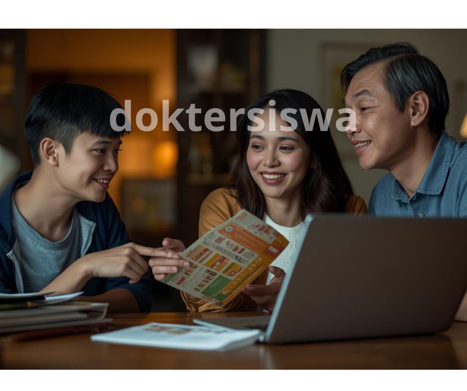 "Ilustrasi siswa SMA sedang berdiskusi santai dan menunjukkan brosur jurusan kuliah kepada orang tua di meja makan rumah