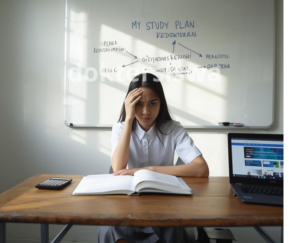 "Seorang siswa SMA Indonesia berseragam putih abu-abu duduk di meja belajar, tampak berpikir keras di depan buku pelajaran dan laptop. Di belakangnya terdapat papan tulis berisi diagram rencana kuliah 'Jurusan Impian vs Realita' yang menunjukkan Plan A, Plan B, dan Plan C."