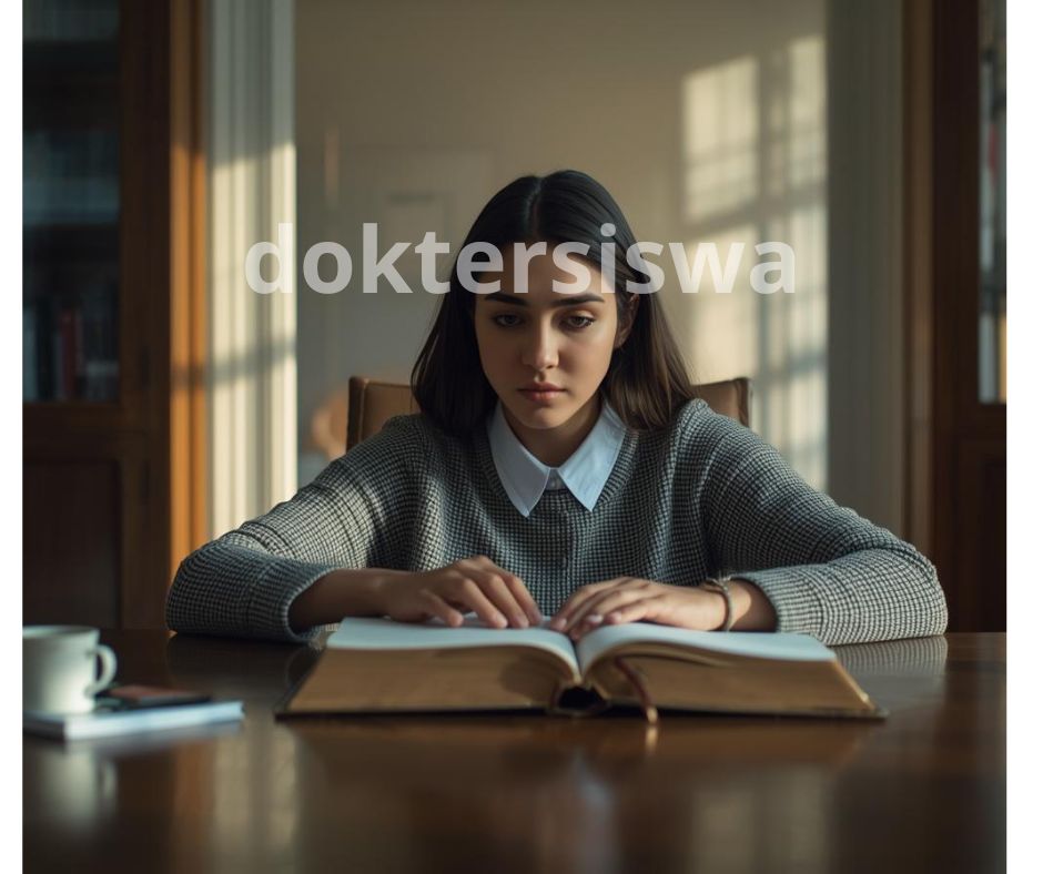 Perempuan muda yang fokus membaca buku tebal di meja belajar yang rapi. Ekspresinya tenang dan mandiri, melambangkan kesiapan mental studi lanjut