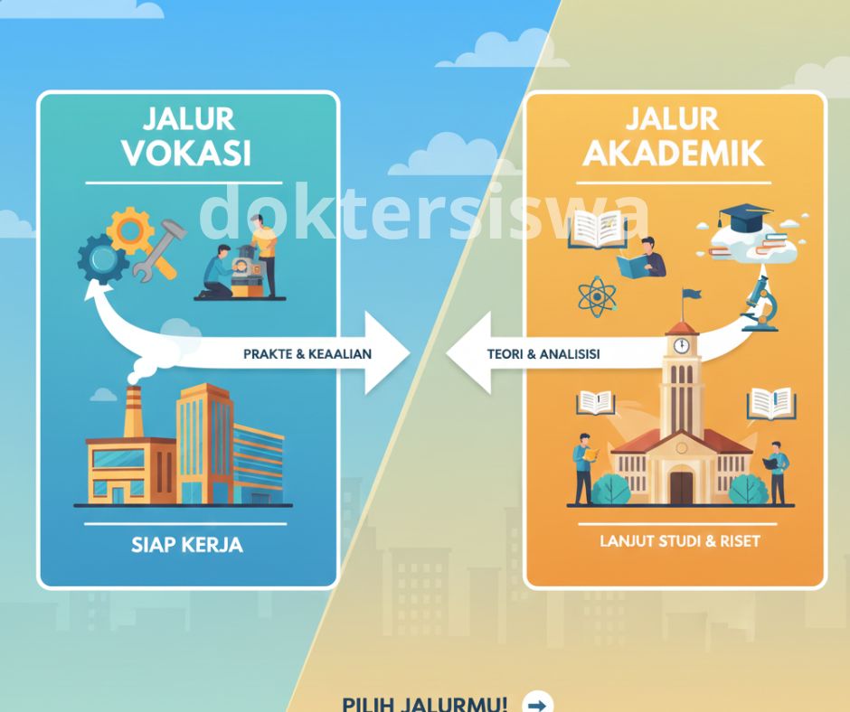 Perbandingan visual antara Program Vokasi dan Akademik menyoroti fokus praktik vs teori.