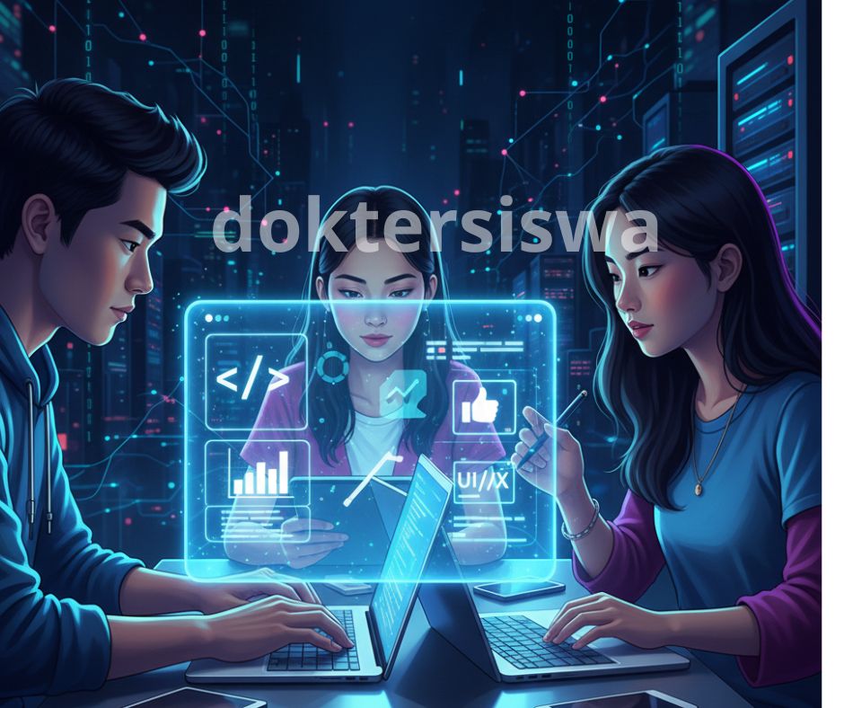 Ilustrasi kolaborasi siswa yang sedang merancang proyek digital di sekitar layar holografik, menampilkan ikon coding, data, dan desain, melambangkan studi profesional digital.
