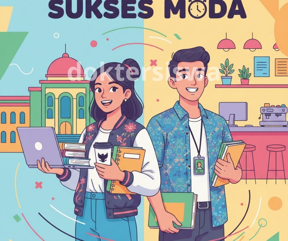 Mahasiswa dan mahasiswi Indonesia sedang kuliah sambil kerja dengan laptop, buku, dan lencana identitas, menunjukkan keseimbangan antara studi dan karir.