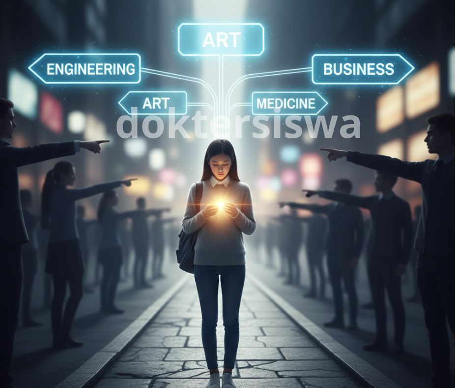 Mahasiswa berdiri di persimpangan jalan memilih jurusan kuliah sambil menghindari tekanan luar.
