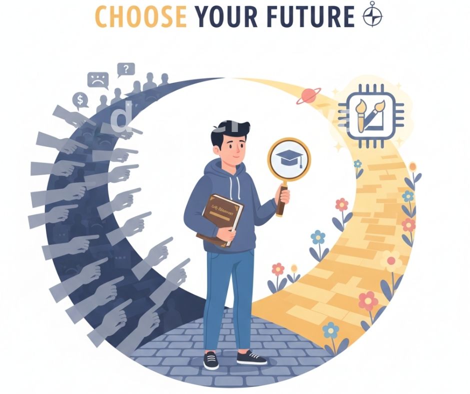 : Ilustrasi konsep tentang siswa yang bimbang memilih jurusan di persimpangan jalan, tertekan oleh bayangan ekspektasi sosial namun berusaha mendengarkan suara hati