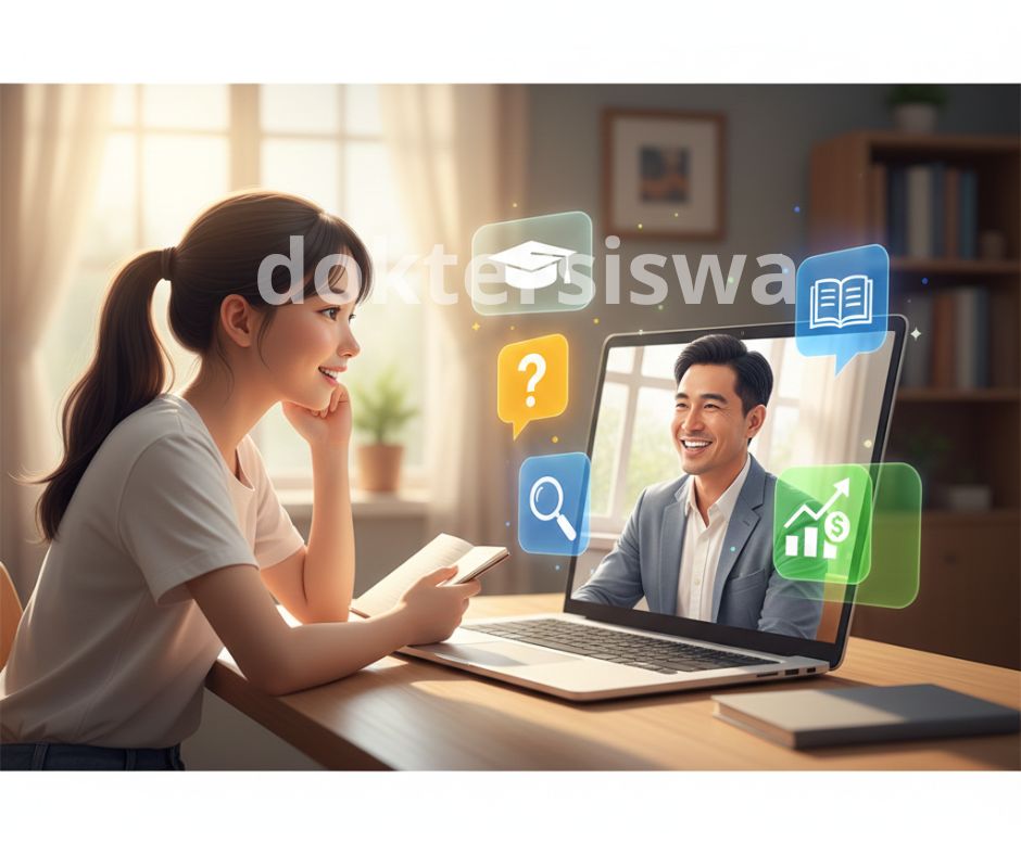 Ilustrasi siswa sedang melakukan sesi mentoring virtual dengan alumni melalui laptop, bertanya tentang pengalaman kuliah dan prospek karier jurusan.