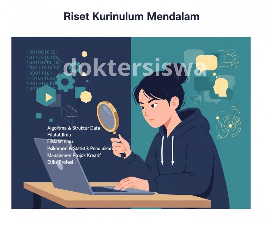 Ilustrasi siswa sedang meneliti daftar kurikulum dan mata kuliah jurusan di laptop menggunakan kaca pembesar, menekankan pentingnya riset mendalam sebelum memilih.