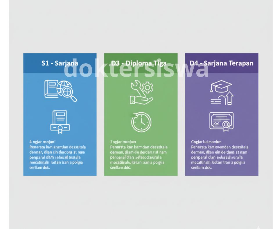 Infografis visual yang membandingkan jalur pendidikan S1, D3, dan D4 (Sarjana, Ahli Madya, Sarjana Terapan) berdasarkan durasi, fokus, dan jenis gelar.