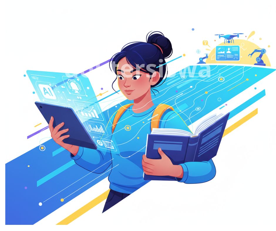 : Ilustrasi seorang siswa yang menyeimbangkan buku pelajaran dengan laptop yang menampilkan ikon AI dan data, melambangkan penyesuaian studi dengan perkembangan teknologi