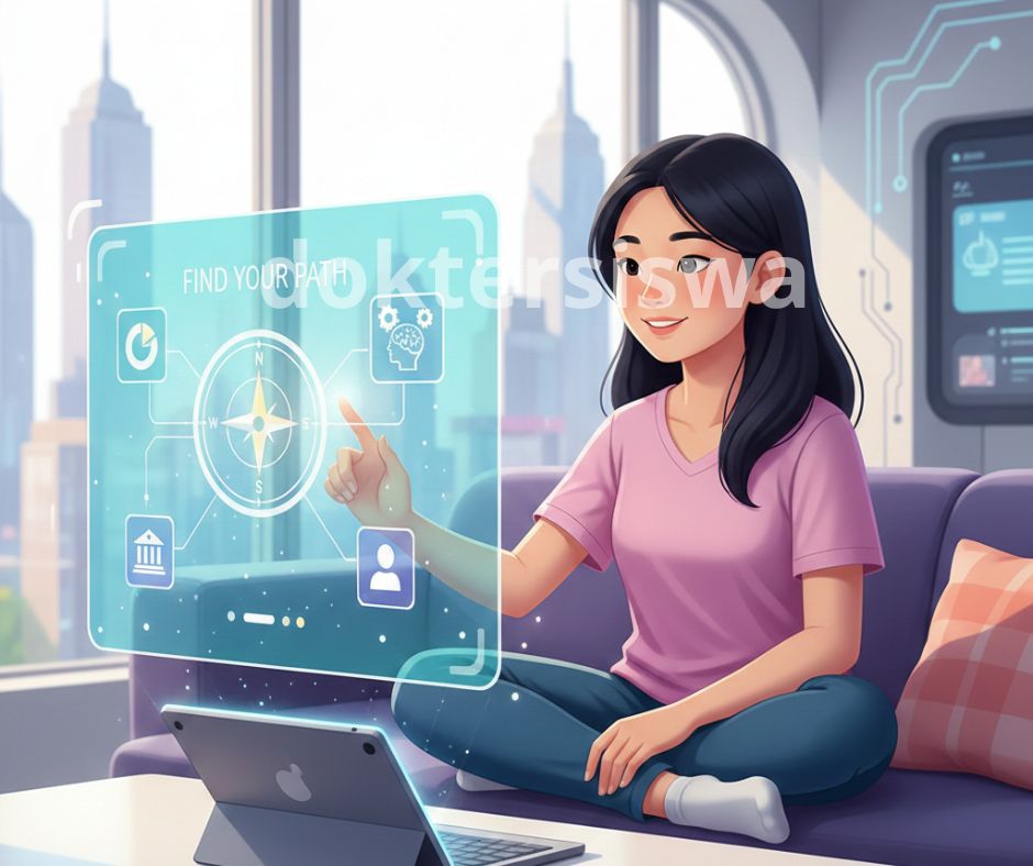 Ilustrasi seorang siswa menggunakan aplikasi dan tools digital di layar holografik untuk membantu pemilihan jurusan kuliah, menampilkan ikon tes bakat dan data.