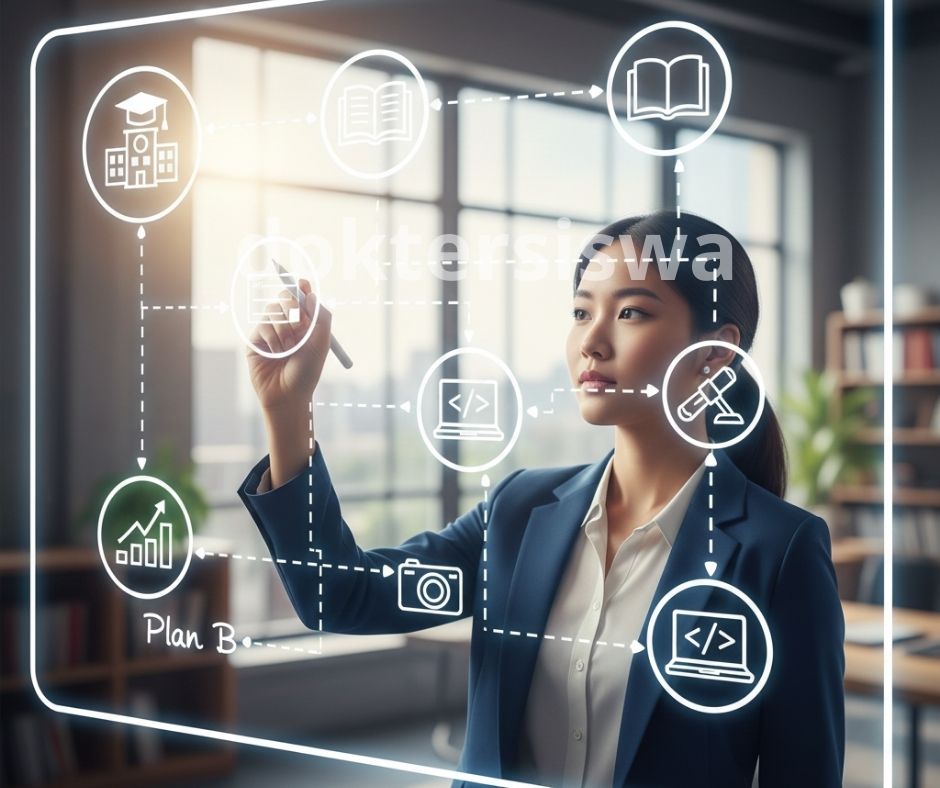 Ilustrasi seorang siswa sedang merancang peta perjalanan studi dan karier (mind map) di papan digital, menghubungkan langkah-langkah dari sekolah, kuliah, hingga tujuan karier jangka panjang