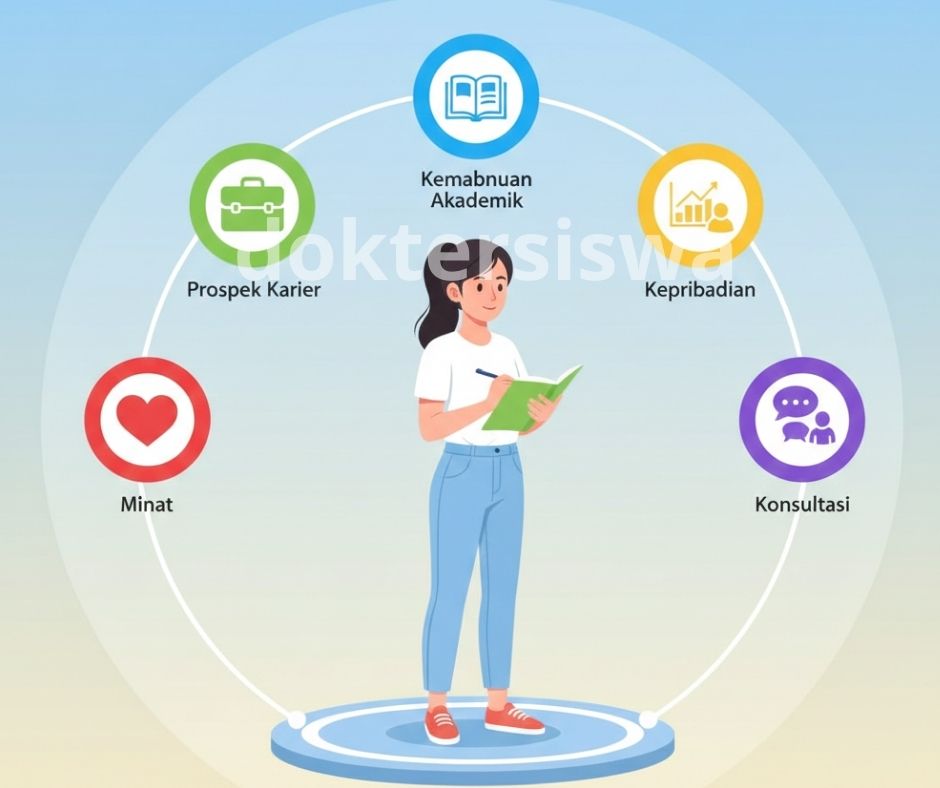 Ilustrasi seorang siswa yang menggunakan lima tips (minat bakat, prospek karier, kemampuan akademik, konsultasi) untuk membuat keputusan memilih jurusan kuliah yang tepat.
