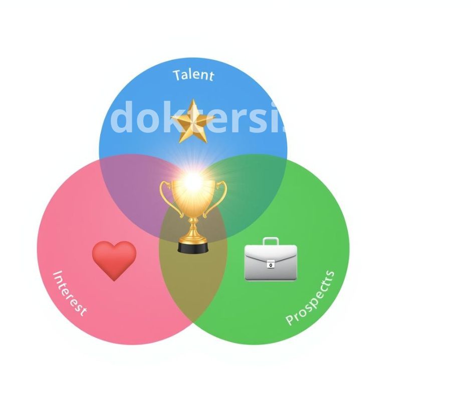 Diagram Venn keseimbangan antara Minat, Bakat, dan Prospek Kerja dalam memilih jurusan.