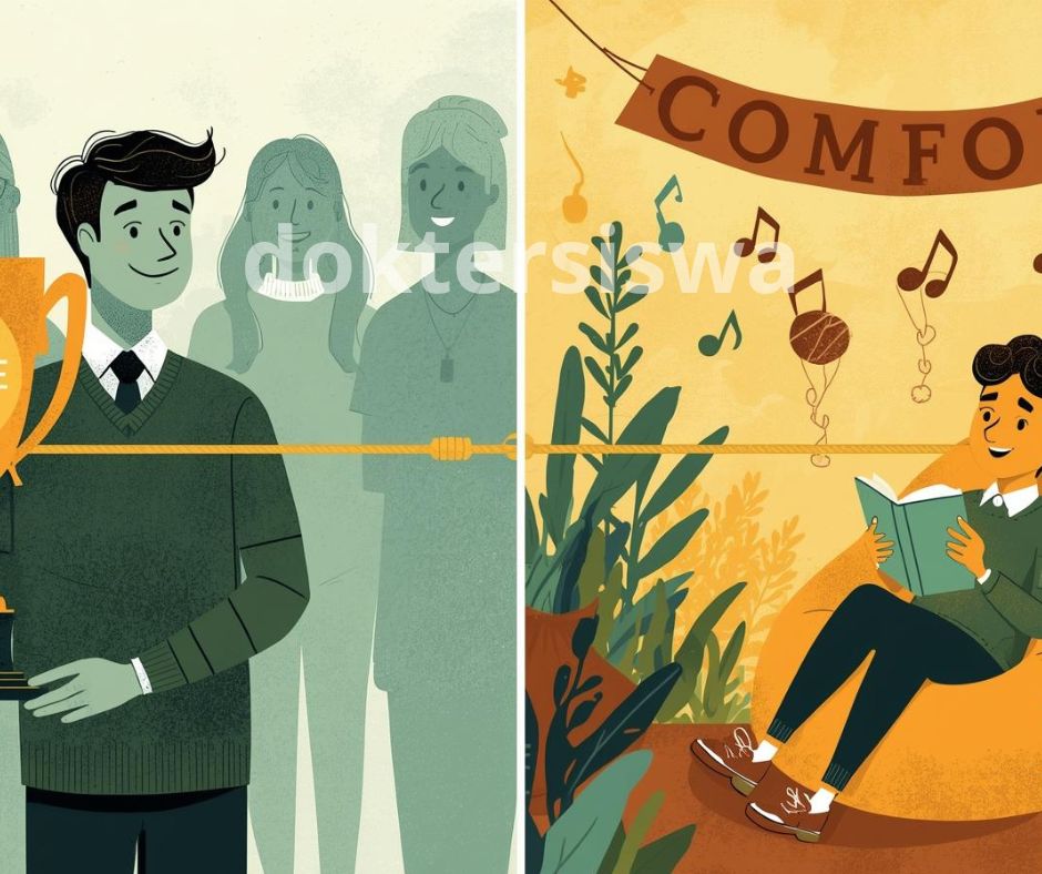 Ilustrasi dilema siswa memilih antara jurusan bergengsi yang menekan versus jurusan nyaman yang sesuai minat